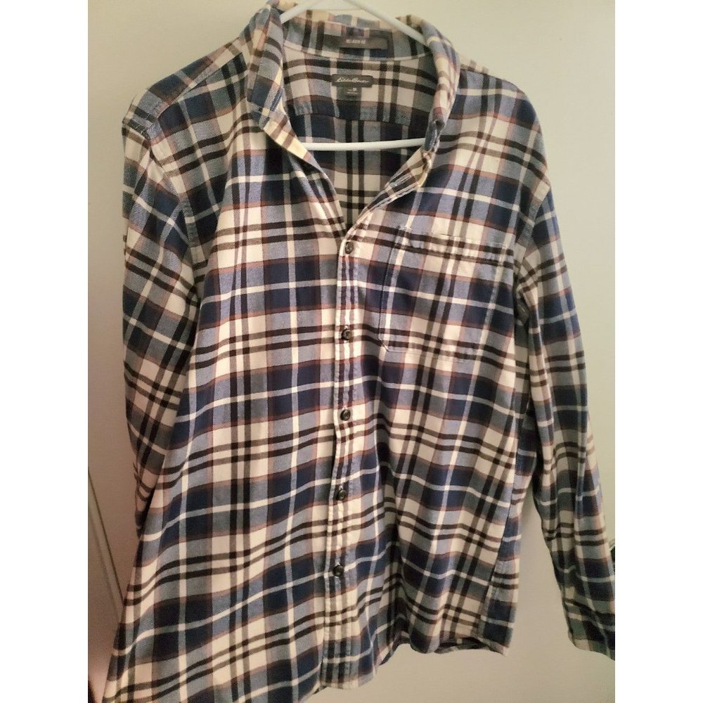 Eddie Bauer Blue and Beige Button Up Plaid Flannel Medium Shirt